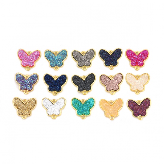 Picture of Brass & Resin Druzy/ Drusy Connectors Butterfly Animal Gold Plated Mauve 16mm x15mm( 5/8" x 5/8") - 16mm x14mm( 5/8" x 4/8"), 5 PCs                                                                                                                           