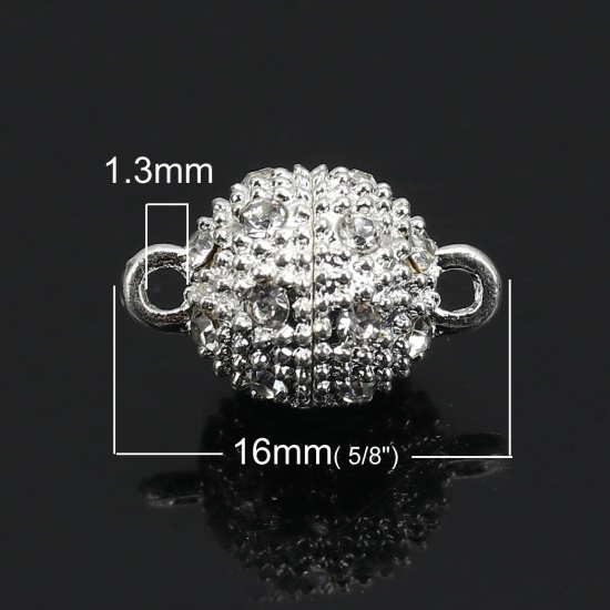 Picture of Iron Based Alloy Magnetic Clasps Ball Silver Plated Clear Cubic Zirconia 16mm x 10mm, 5 PCs
