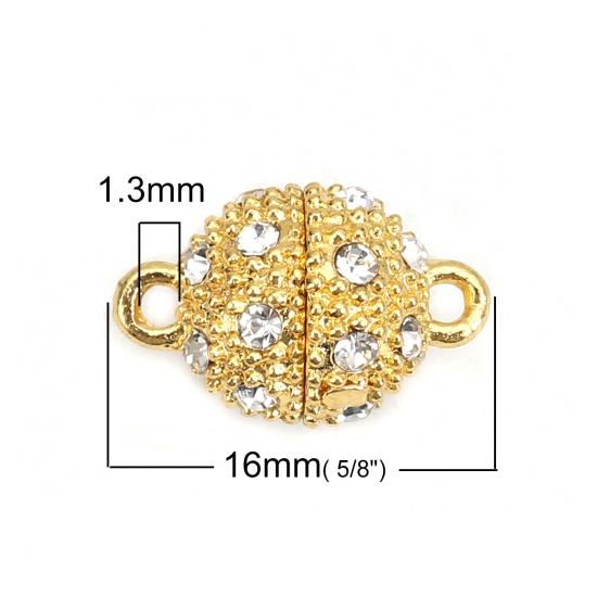 Picture of Iron Based Alloy Magnetic Clasps Ball Gold Plated Clear Cubic Zirconia 16mm x 10mm, 5 PCs