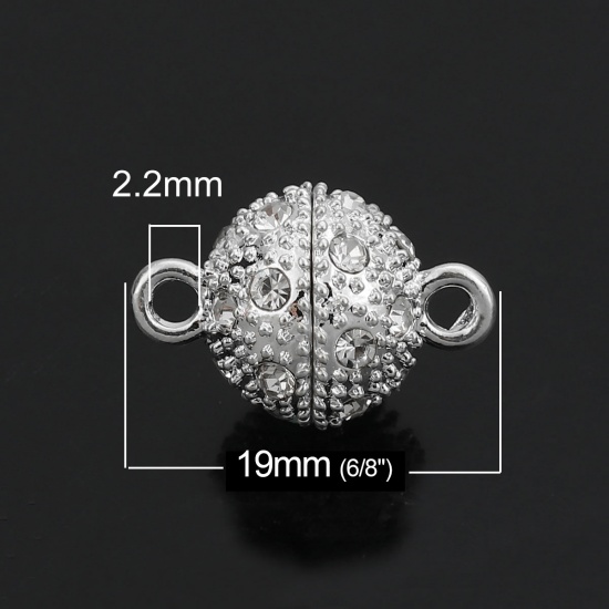 Picture of Iron Based Alloy Magnetic Clasps Ball Silver Plated Clear Cubic Zirconia 19mm x 14mm, 4 PCs