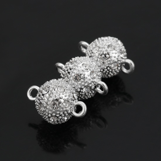 Picture of Iron Based Alloy Magnetic Clasps Ball Silver Plated Clear Cubic Zirconia 19mm x 14mm, 4 PCs