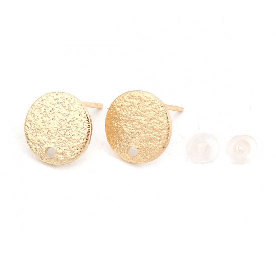 Picture of Brass Ear Post Stud Earrings 18K Real Gold Plated Round Sparkledust 10mm Dia., Post/ Wire Size: (20 gauge), 200 PCs