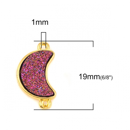 Picture of Brass & Resin Druzy/ Drusy Connectors Half Moon Gold Plated Fuchsia 19mm( 6/8") x 10mm( 3/8"), 5 PCs                                                                                                                                                          