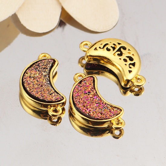 Picture of Brass & Resin Druzy/ Drusy Connectors Half Moon Gold Plated Fuchsia 19mm( 6/8") x 10mm( 3/8"), 5 PCs                                                                                                                                                          