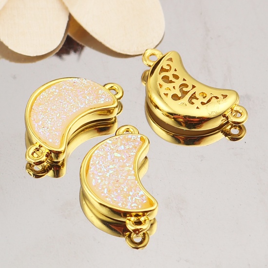 Picture of Brass & Resin Druzy/ Drusy Connectors Half Moon Gold Plated Creamy-White 19mm( 6/8") x 10mm( 3/8"), 5 PCs                                                                                                                                                     