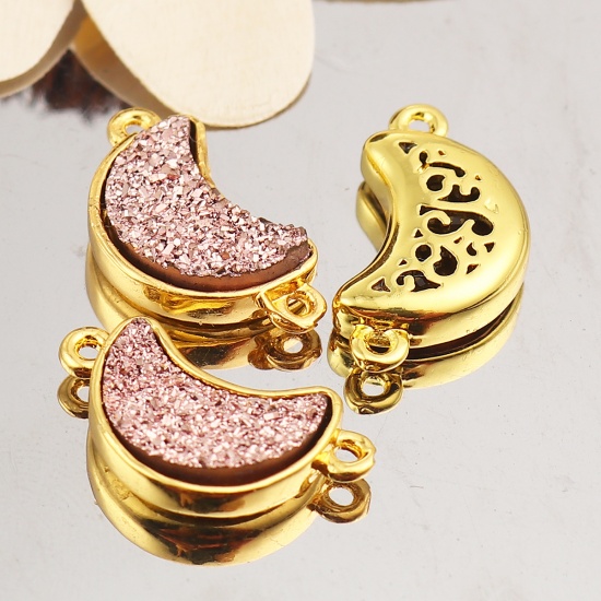 Picture of Brass & Resin Druzy/ Drusy Connectors Half Moon Gold Plated Light Coffee 19mm( 6/8") x 10mm( 3/8"), 5 PCs                                                                                                                                                     