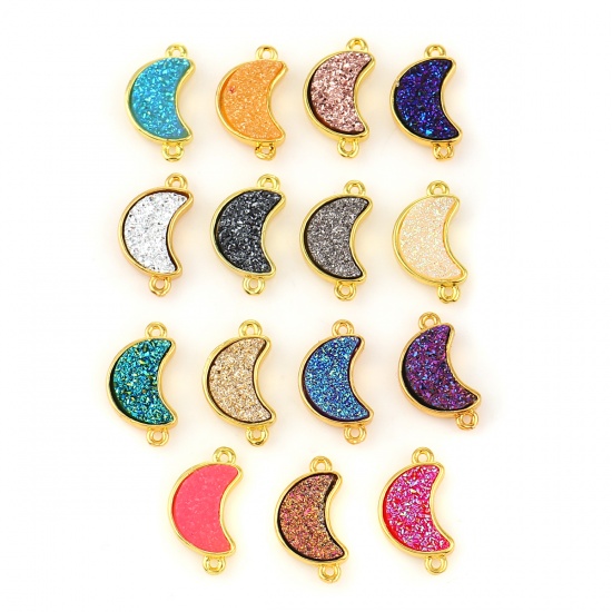 Picture of Brass & Resin Druzy/ Drusy Connectors Half Moon Gold Plated Light Coffee 19mm( 6/8") x 10mm( 3/8"), 5 PCs                                                                                                                                                     