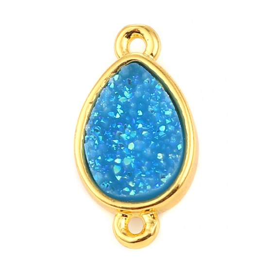 Picture of Brass & Resin Druzy/ Drusy Connectors Drop Gold Plated Light Blue 16mm( 5/8") x 9mm( 3/8"), 5 PCs