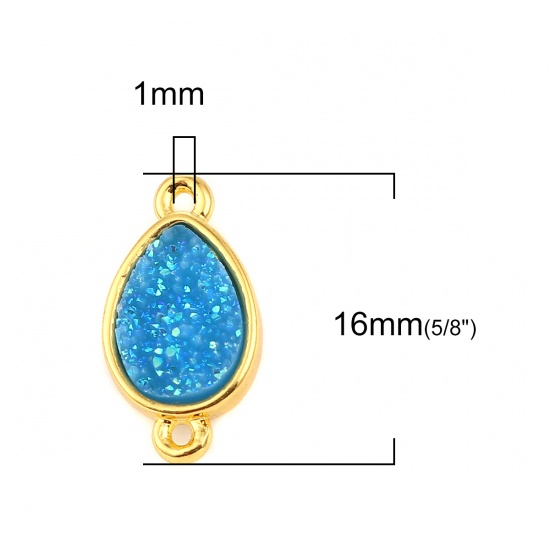 Picture of Brass & Resin Druzy/ Drusy Connectors Drop Gold Plated Light Blue 16mm( 5/8") x 9mm( 3/8"), 5 PCs