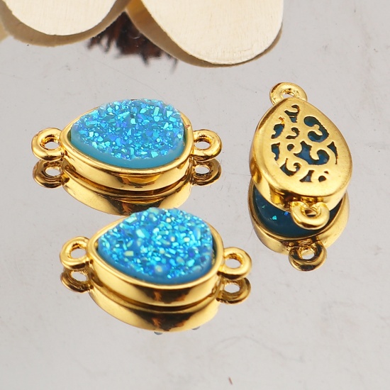 Picture of Brass & Resin Druzy/ Drusy Connectors Drop Gold Plated Light Blue 16mm( 5/8") x 9mm( 3/8"), 5 PCs