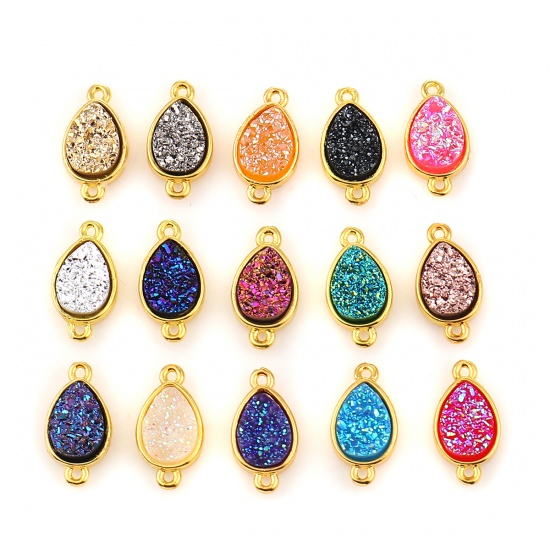 Picture of Brass & Resin Druzy/ Drusy Connectors Drop Gold Plated Light Blue 16mm( 5/8") x 9mm( 3/8"), 5 PCs