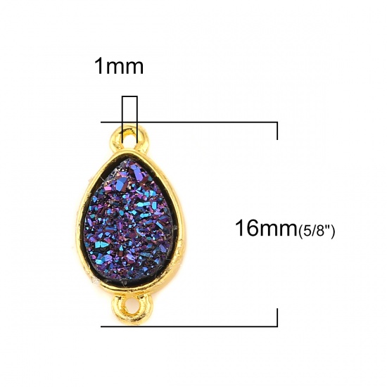 Picture of Brass & Resin Druzy/ Drusy Connectors Drop Gold Plated Deep Blue 16mm( 5/8") x 9mm( 3/8"), 5 PCs