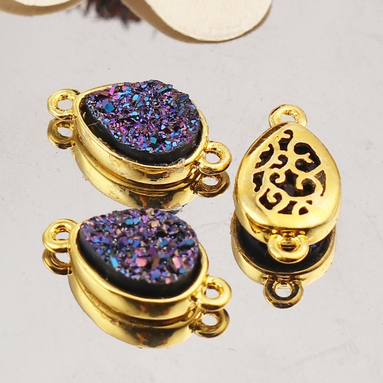 Picture of Brass & Resin Druzy/ Drusy Connectors Drop Gold Plated Deep Blue 16mm( 5/8") x 9mm( 3/8"), 5 PCs