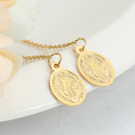Picture of 304 Stainless Steel Stylish Ear Thread Threader Earrings Gold Plated Oval Jesus 10cm, Post/ Wire Size: (21 gauge), 2 PCs