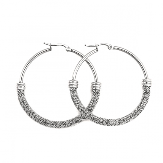 Picture of 304 Stainless Steel Hoop Earrings Silver Tone Round 4.9cm(1 7/8") x 4.7cm(1 7/8"), Post/ Wire Size: (18 gauge), 1 Pair