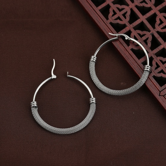 Picture of 304 Stainless Steel Hoop Earrings Silver Tone Round 4.9cm(1 7/8") x 4.7cm(1 7/8"), Post/ Wire Size: (18 gauge), 1 Pair