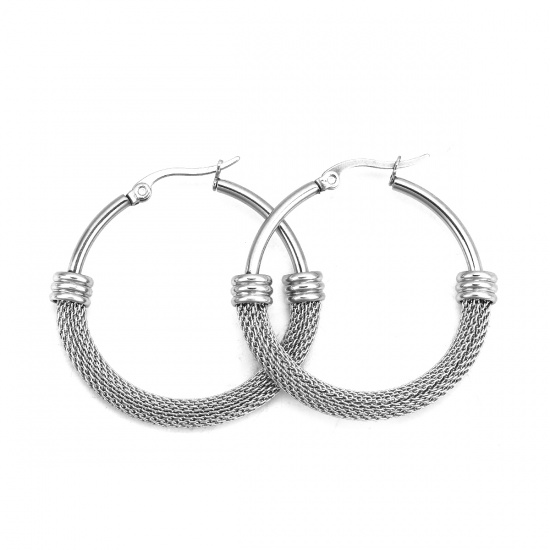 Picture of 304 Stainless Steel Hoop Earrings Silver Tone Round 3.9cm(1 4/8") x 3.7cm(1 4/8"), Post/ Wire Size: (18 gauge), 1 Pair