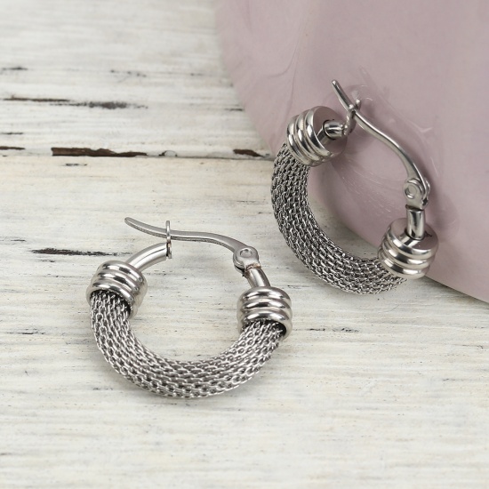 Picture of 304 Stainless Steel Hoop Earrings Silver Tone Round 22mm( 7/8") x 22mm( 7/8"), Post/ Wire Size: (18 gauge), 1 Pair