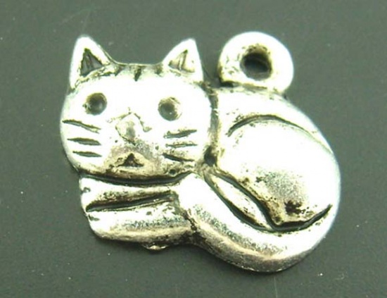 Picture of 25PCs Antique Silver Lovely Cat Charms Pendants 15*13mm