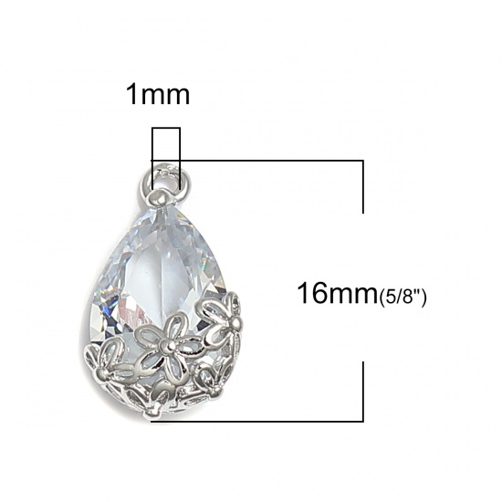 Picture of Brass & Cubic Zirconia Charms Drop Silver Tone Transparent Clear Flower 16mm x 9mm, 5 PCs                                                                                                                                                                     