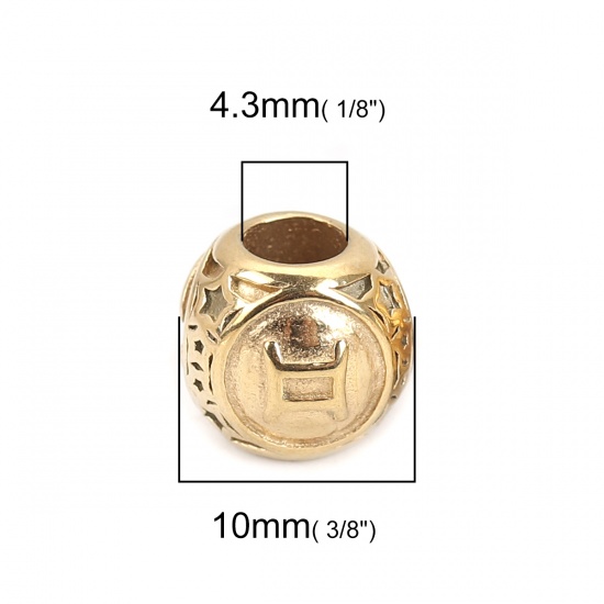 Immagine di 304 Acciaio Inossidabile Colata Perline Tondo Oro Placcato Costellazione Gemelli Circa 10mm Dia., Buco: Circa 4.3mm, 1 Pz