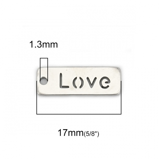 Immagine di 304 Acciaio Inossidabile Charms Rettangolo Tono Argento Messaggio " LOVE " Filigrana 17mm x 6mm, 5 Pz