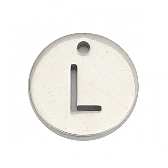 Picture of 304 Stainless Steel Charms Round Silver Tone Initial Alphabet/ Capital Letter Message " L " Hollow 10mm( 3/8") Dia., 5 PCs