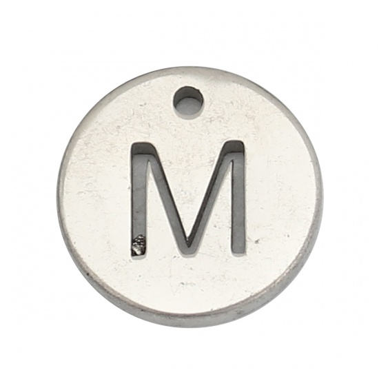 Bild von 304 Edelstahl Charms Rund Silberfarbe Anfangsbuchstabe/ Großbuchstabe Message " M " Hohl 10mm D., 5 Stück