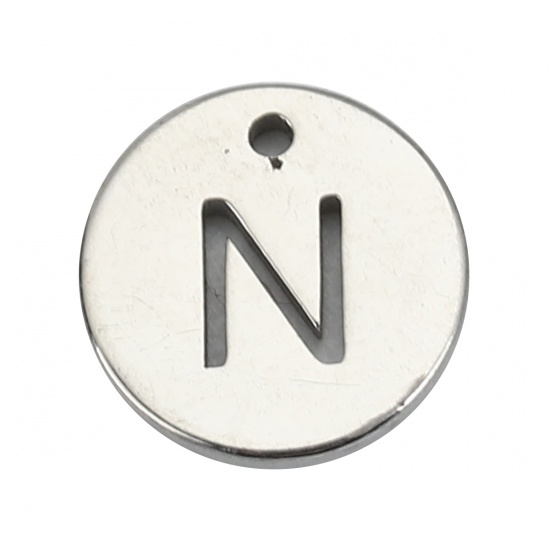 304ステンレス鋼 チャーム 円形 シルバートーン キャピタルレター 文字" N " 透かし 10mm 直径、 5 個 の画像