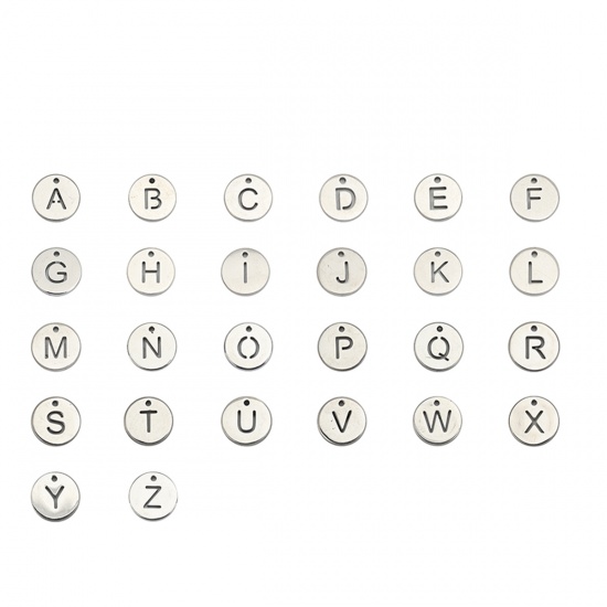 Picture of 304 Stainless Steel Charms Round Silver Tone Initial Alphabet/ Capital Letter Message " N " Hollow 10mm( 3/8") Dia., 5 PCs