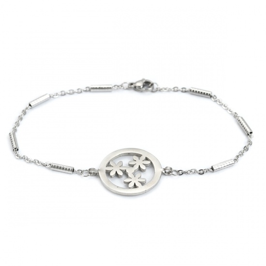 Picture of 304 Stainless Steel Bracelets Silver Tone Round Flower 22cm(8 5/8") long, 1 Piece