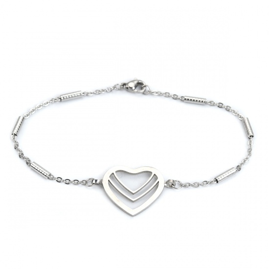 Picture of 304 Stainless Steel Bracelets Silver Tone Heart 22cm(8 5/8") long, 1 Piece