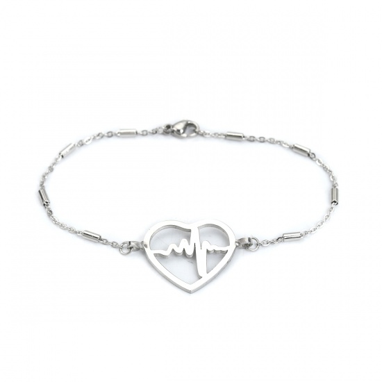 Picture of 304 Stainless Steel Bracelets Silver Tone Heart Heartbeat/ Electrocardiogram 18.5cm(7 2/8") long, 1 Piece