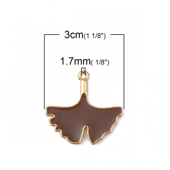 Picture of Zinc Based Alloy Pendants Gingko Leaf Gold Plated Coffee Enamel 3cm(1 1/8") x 2.9cm(1/8"), 5 PCs