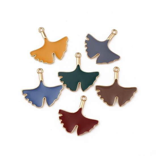 Picture of Zinc Based Alloy Pendants Gingko Leaf Gold Plated Coffee Enamel 3cm(1 1/8") x 2.9cm(1/8"), 5 PCs
