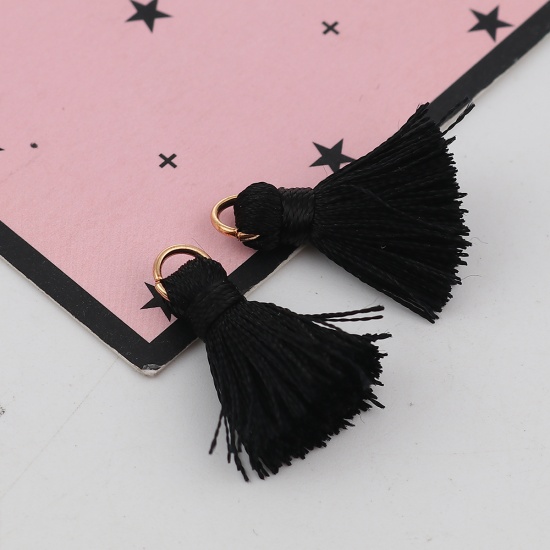 Picture of Rayon Tassel Charms Gold Plated Black 22mm( 7/8") long - 21mm( 7/8") long, 10 PCs