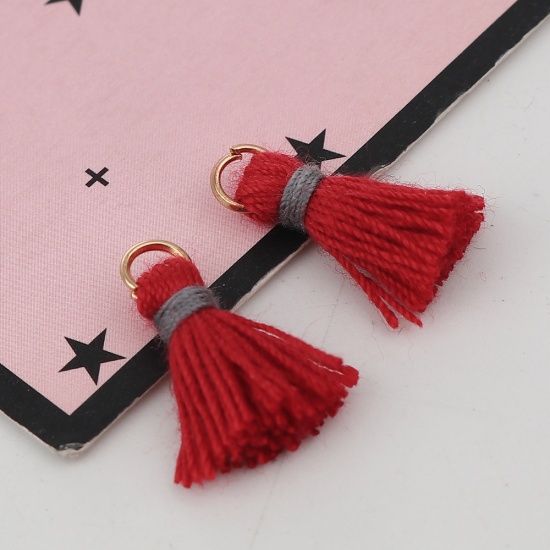 Picture of Cotton Tassel Charms Gold Plated Red 19mm( 6/8") long - 18mm( 6/8") long, 20 PCs
