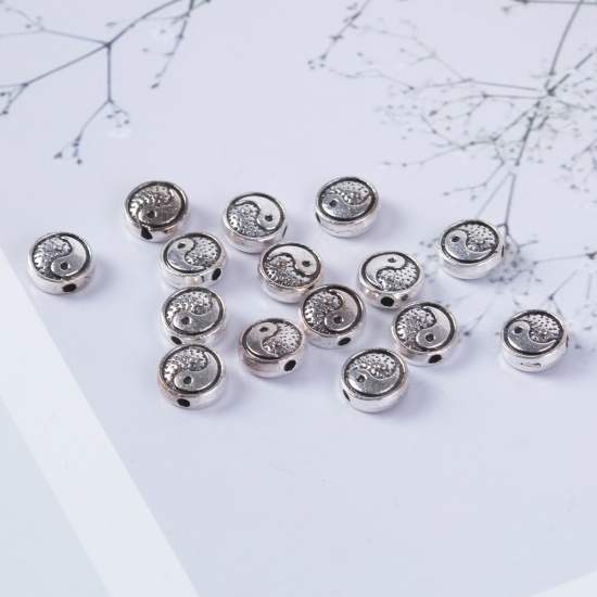 Picture of Zinc Based Alloy Spacer Beads Round Antique Silver Yin Yang Symbol About 8mm Dia, Hole: Approx 1.4mm, 50 PCs