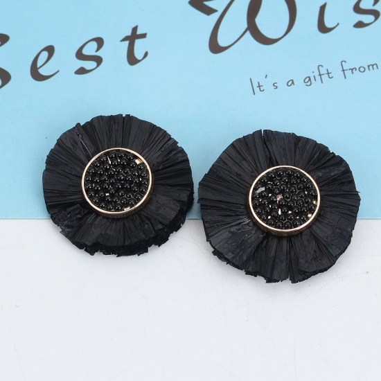 Picture of Raffia Seed Beads Tassel Pendants Round Gold Plated Black 37mm(1 4/8"), 1 Piece