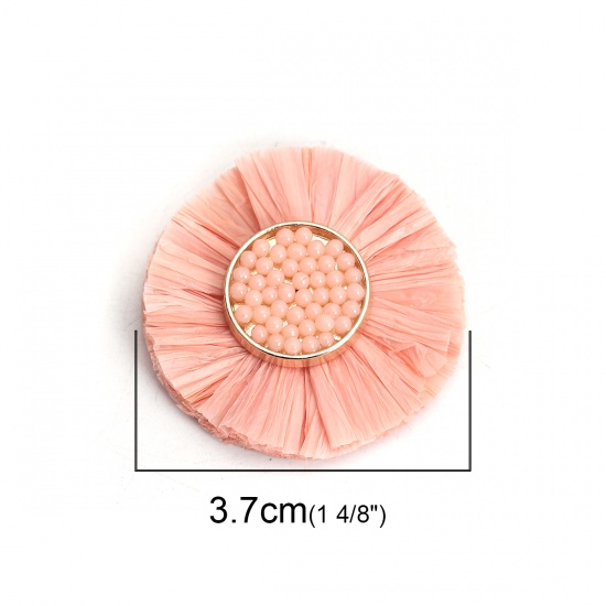 Picture of Raffia Seed Beads Tassel Pendants Round Gold Plated Orange Pink 37mm(1 4/8"), 1 Piece