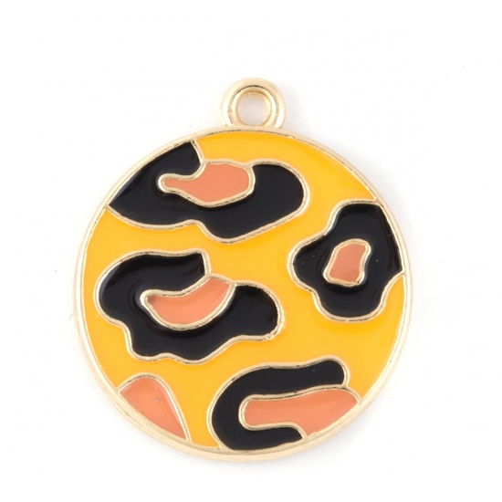 Picture of Zinc Based Alloy Charms Round Gold Plated Yellow Leopard Print Enamel 23mm( 7/8") x 20mm( 6/8"), 5 PCs