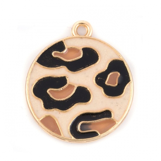 Picture of Zinc Based Alloy Charms Round Gold Plated Creamy-White Leopard Print Enamel 23mm( 7/8") x 20mm( 6/8"), 5 PCs