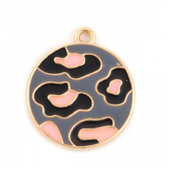 Picture of Zinc Based Alloy Charms Round Gold Plated Gray Leopard Print Enamel 23mm( 7/8") x 20mm( 6/8"), 5 PCs