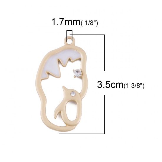 Picture of Zinc Based Alloy Pendants Irregular Matt Gold White Penguin Clear Rhinestone Enamel 3.5cm(1 3/8") x 1.8cm( 6/8"), 5 PCs