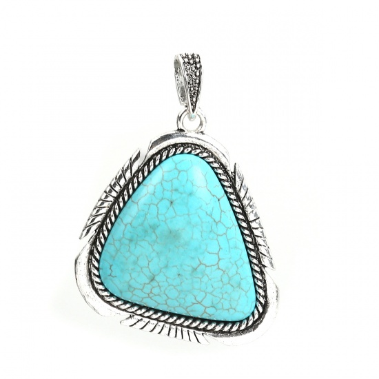 Picture of Zinc Based Alloy & Resin Boho Chic Pendants Triangle Antique Silver Color Green Blue Imitation Turquoise 72mm(2 7/8") x 52mm(2"), 2 PCs