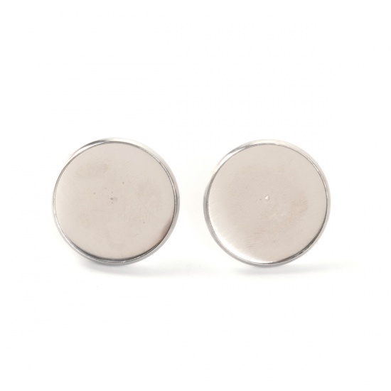 Picture of 304 Stainless Steel Ear Post Stud Earrings Round Silver Tone Cabochon Settings (Fits 18mm Dia.) 20mm( 6/8") Dia., Post/ Wire Size: (20 gauge), 10 PCs