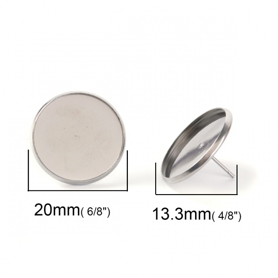 Picture of 304 Stainless Steel Ear Post Stud Earrings Round Silver Tone Cabochon Settings (Fits 18mm Dia.) 20mm( 6/8") Dia., Post/ Wire Size: (20 gauge), 10 PCs
