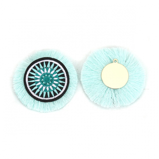 Picture of Zinc Based Alloy & Cotton Tassel Pendants Round Gold Plated Green Blue 50mm Dia. - 48mm Dia., 2 PCs