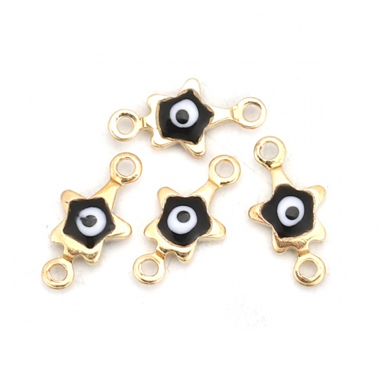 Picture of Brass Connectors Pentagram Star Gold Plated Black Evil Eye Enamel 11mm( 3/8") x 6mm( 2/8"), 10 PCs                                                                                                                                                            