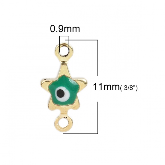 Picture of Brass Connectors Pentagram Star Gold Plated Green Evil Eye Enamel 11mm( 3/8") x 6mm( 2/8"), 10 PCs                                                                                                                                                            
